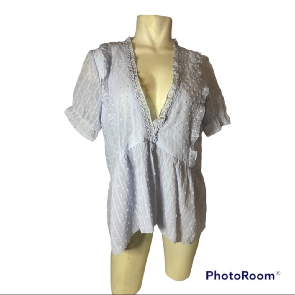 Women's Baby Blue V Neck Baby Doll Lace Overlay Blouse Size Large